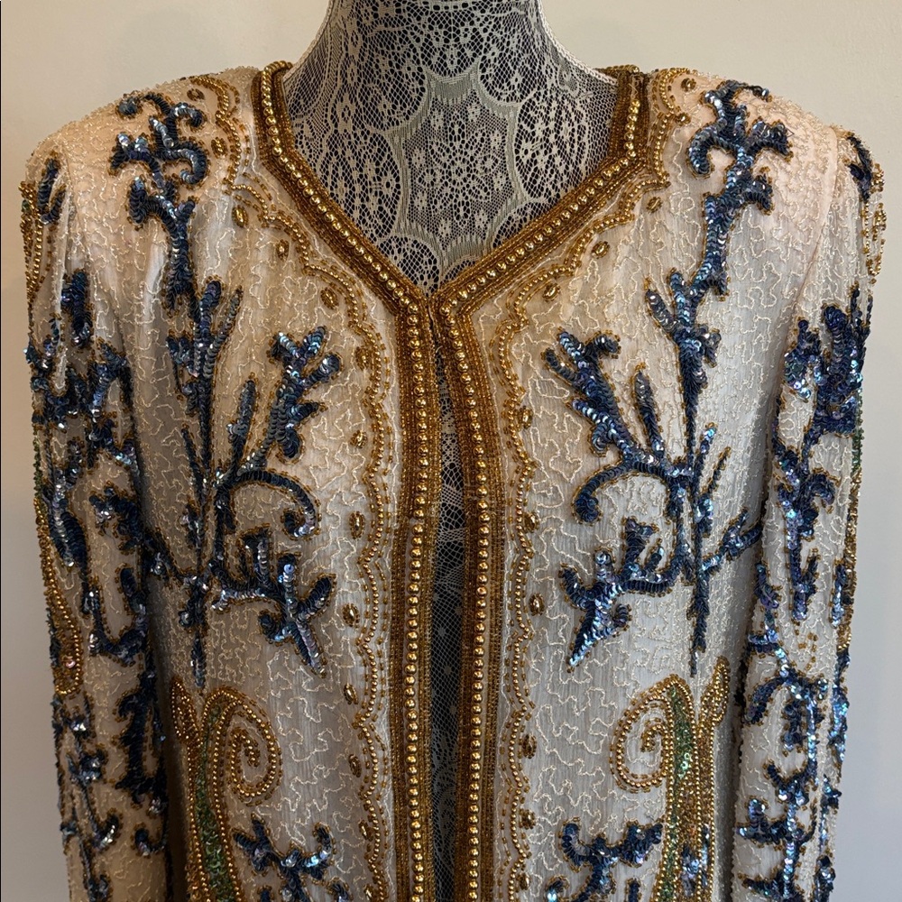 Vintage Jakelin Designs Paisley Sequin Beaded Silk Jacket Size Large 80’s 90’s - Picture 3 of 15